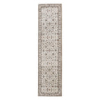 Natural runner rug featuring an intricate vintage-inspired floral pattern in soft beige and brown tones with a distressed finish and decorative border, 80 x 300cm.