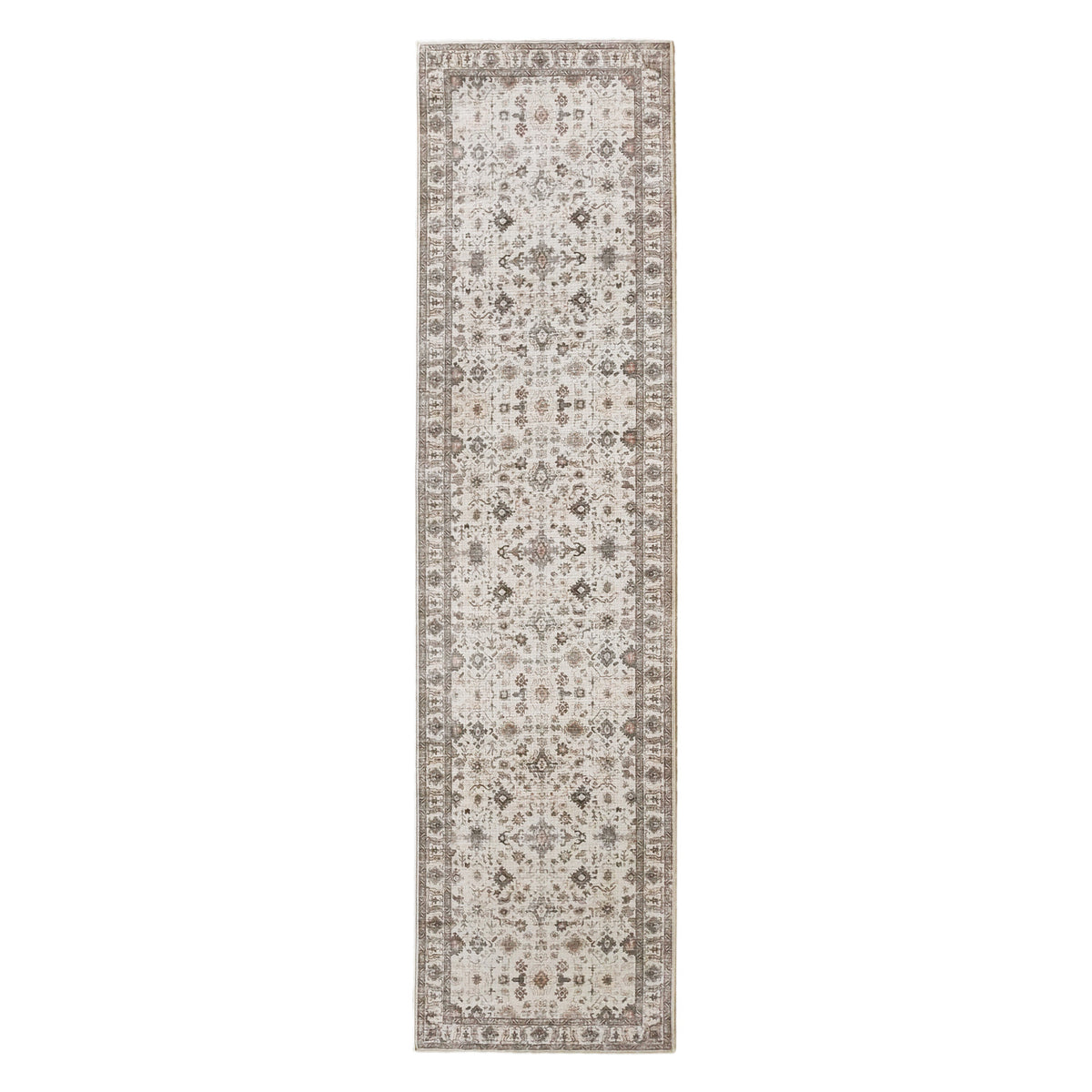 Natural runner rug featuring an intricate vintage-inspired floral pattern in soft beige and brown tones with a distressed finish and decorative border, 80 x 300cm.
