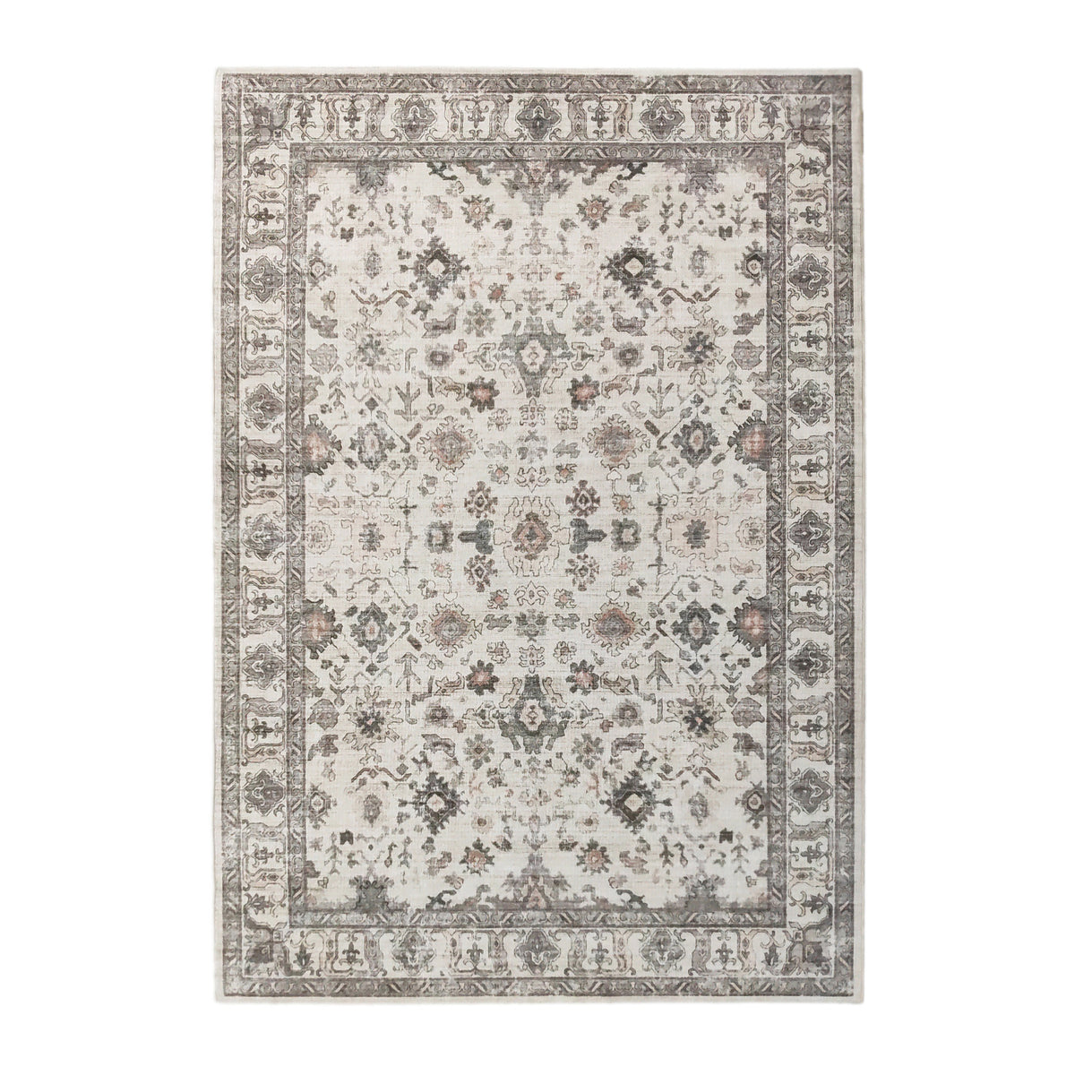Natural rectangular rug featuring an intricate vintage-inspired floral pattern in soft beige, brown and grey tones with a distressed finish and decorative border, 160 x 230cm.
