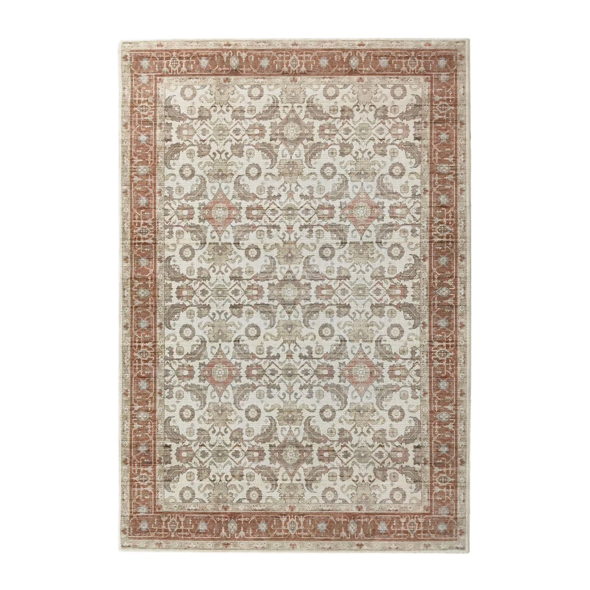 Clay rectangular rug featuring an intricate vintage-inspired floral and geometric pattern in cream, beige and warm terracotta tones, with a distressed finish and decorative border, 160 x 230cm.