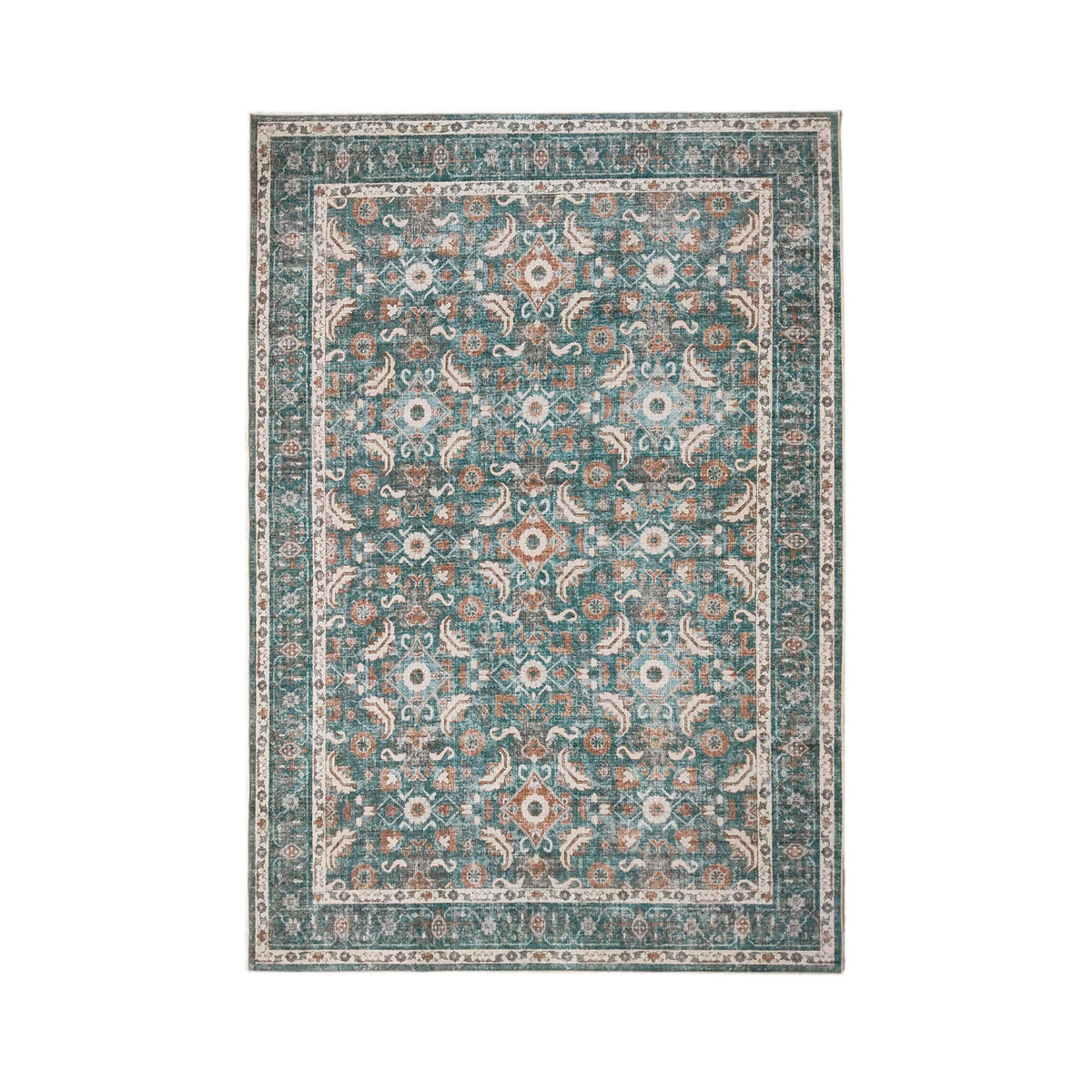 Design Republique Rihana Textured Rug in green, featuring an intricate vintage-inspired floral and geometric pattern in teal, cream and rust tones with a decorative border and distressed finish against a white background.