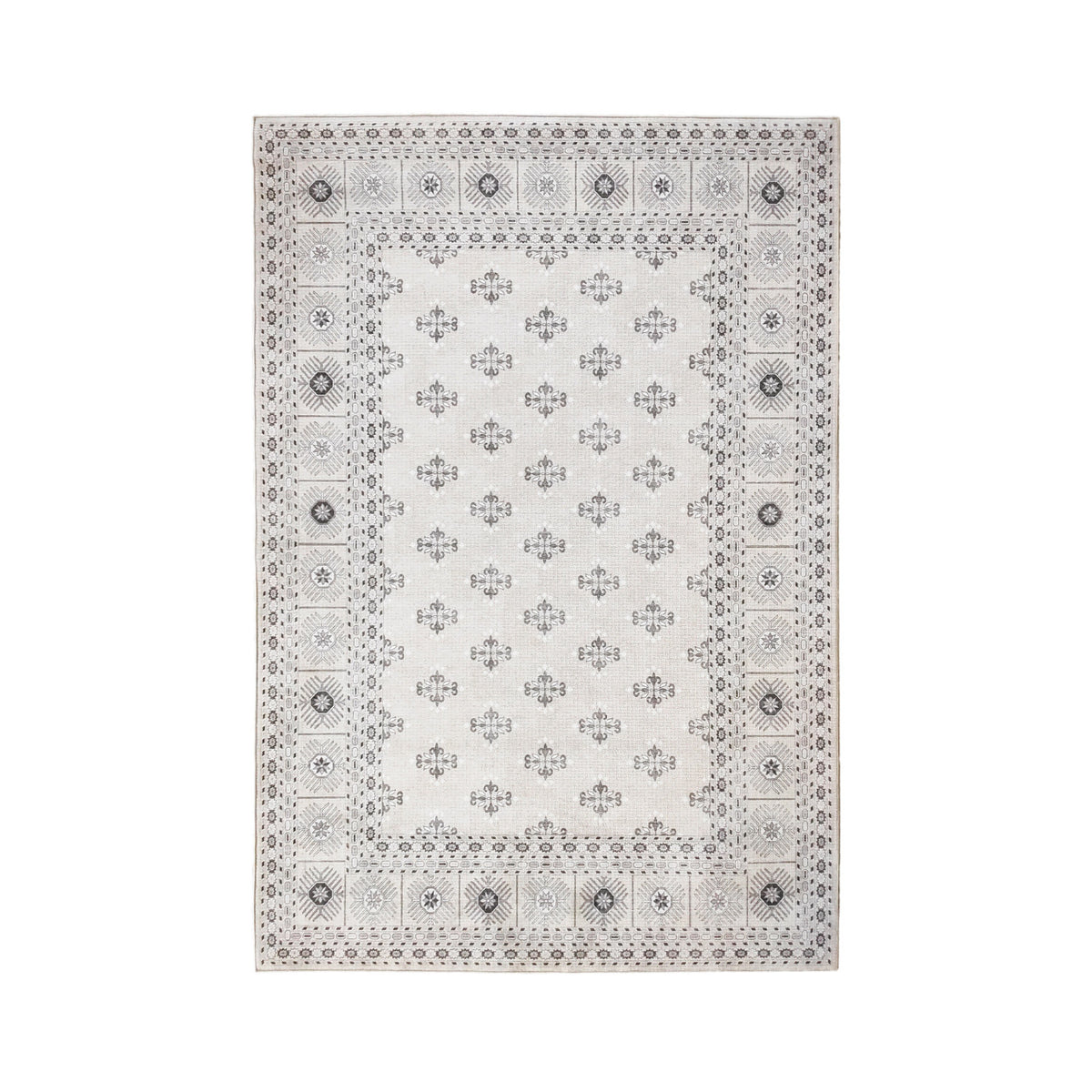 Design Republique Rihana Textured Ivory Rug featuring a delicate repeating floral motif in soft grey and ivory tones, framed by an intricate geometric and decorative patterned border.