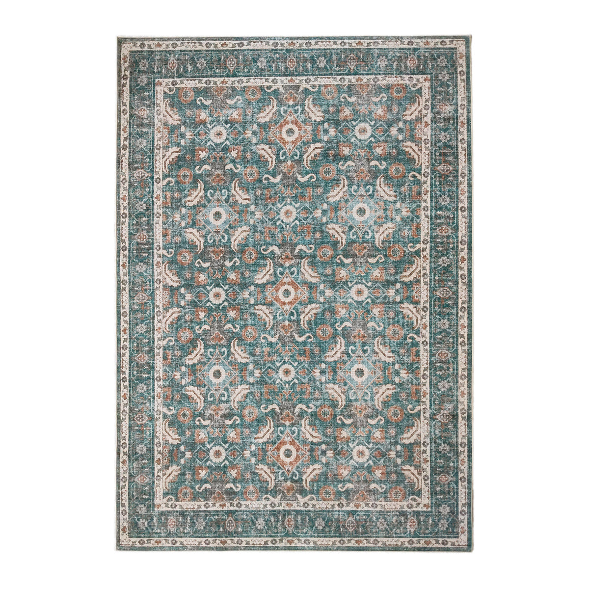 Design Republique Rihana Textured Green Rug featuring an intricate vintage-inspired floral and geometric pattern in shades of green, teal, rust and cream, finished with a decorative border.