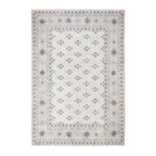 Design Republique Rihana Textured Ivory Rug 160 x 230cm featuring a delicate repeating floral motif in soft grey and ivory tones, framed by an intricate geometric and decorative patterned border.