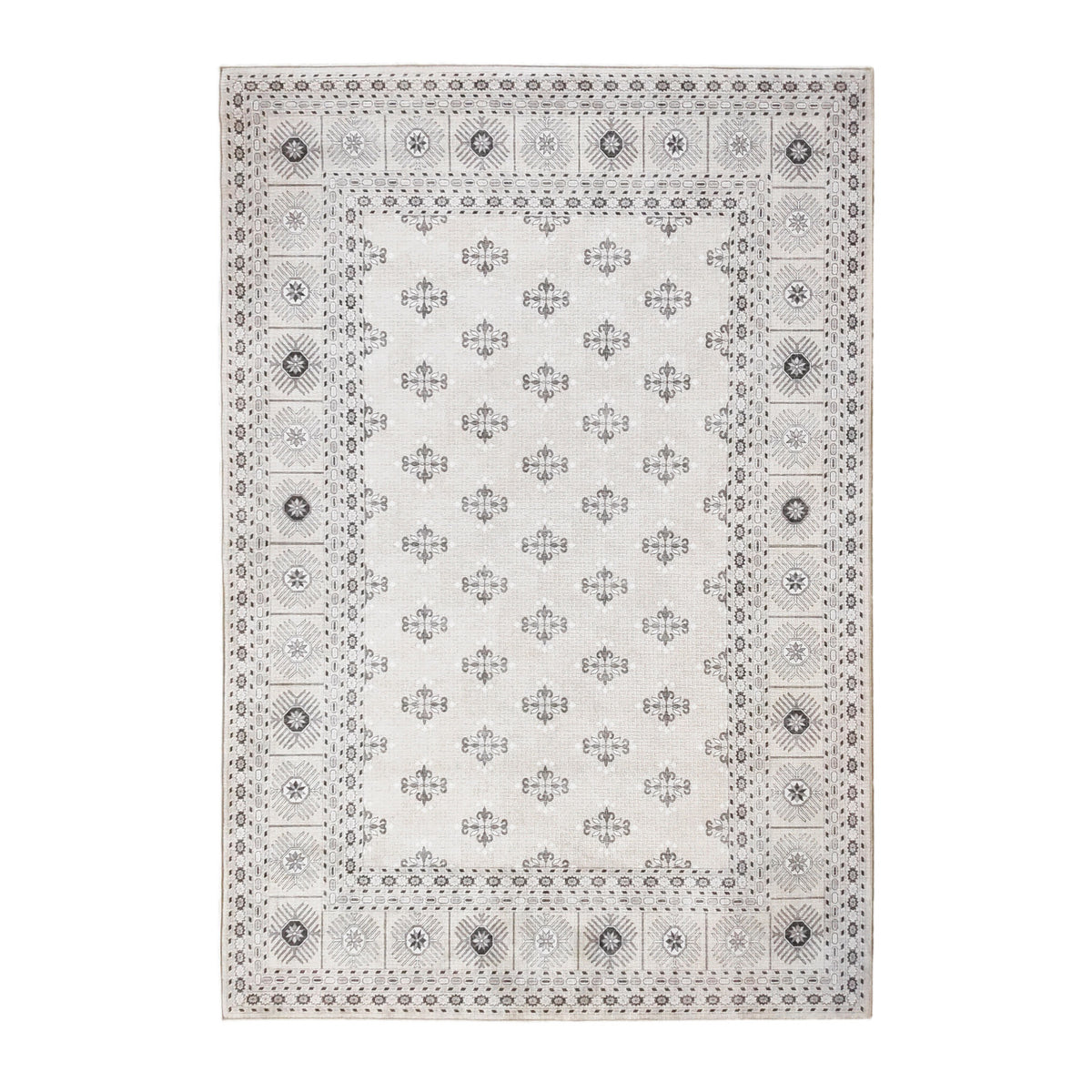 Design Republique Rihana Textured Ivory Rug 160 x 230cm featuring a delicate repeating floral motif in soft grey and ivory tones, framed by an intricate geometric and decorative patterned border.