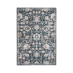 Design Republique Rihana Textured Slate Rug 120 x 180cm featuring an intricate vintage-inspired floral pattern in slate blue, soft grey and ivory tones, finished with a decorative border and distressed detailing.