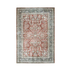 Design Republique Rihana Textured Brick Rug 120 x 180cm featuring an intricate vintage-inspired floral pattern in warm brick, soft ivory and muted green tones, finished with a decorative border and distressed detailing.