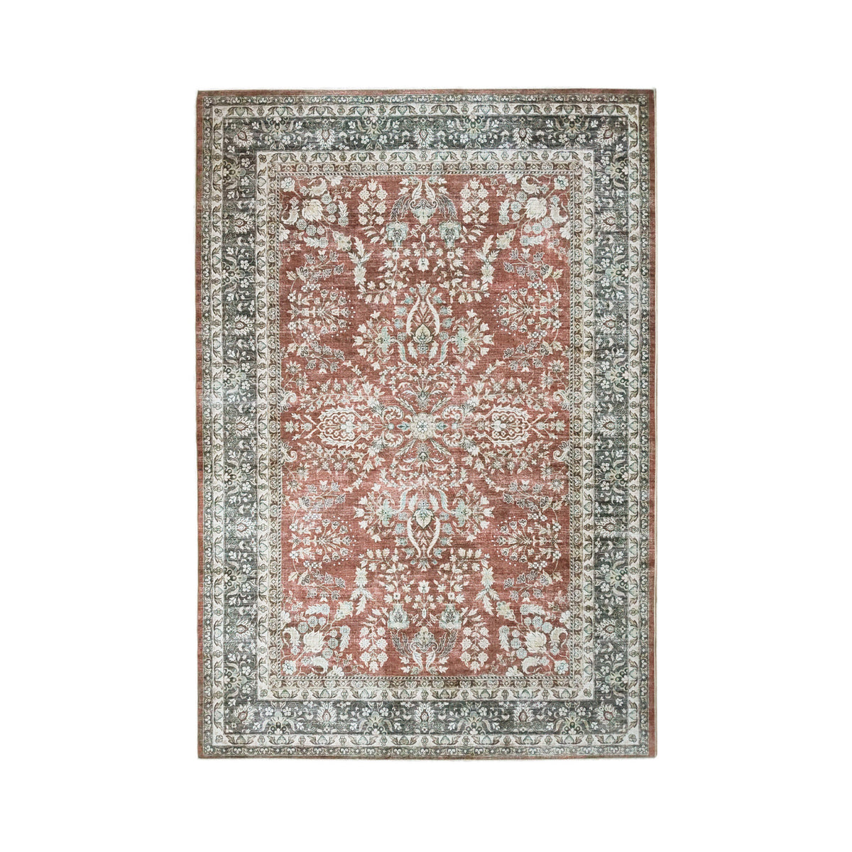 Design Republique Rihana Textured Brick Rug 120 x 180cm featuring an intricate vintage-inspired floral pattern in warm brick, soft ivory and muted green tones, finished with a decorative border and distressed detailing.