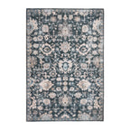 Design Republique Rihana Textured Slate Rug 160 x 230cm featuring an intricate vintage-inspired floral pattern in slate blue, soft grey and ivory tones, finished with a decorative border and distressed detailing.