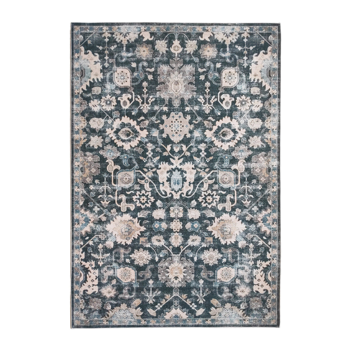 Design Republique Rihana Textured Slate Rug 160 x 230cm featuring an intricate vintage-inspired floral pattern in slate blue, soft grey and ivory tones, finished with a decorative border and distressed detailing.