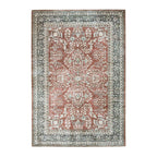 Design Republique Rihana Textured Brick Rug 160 x 230cm featuring an intricate vintage-inspired floral pattern in warm brick, soft ivory and muted green tones, finished with a decorative border and distressed detailing.
