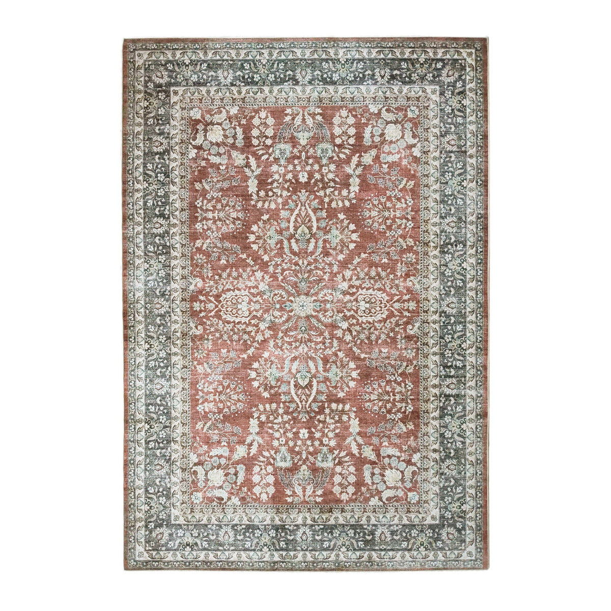 Design Republique Rihana Textured Brick Rug 160 x 230cm featuring an intricate vintage-inspired floral pattern in warm brick, soft ivory and muted green tones, finished with a decorative border and distressed detailing.