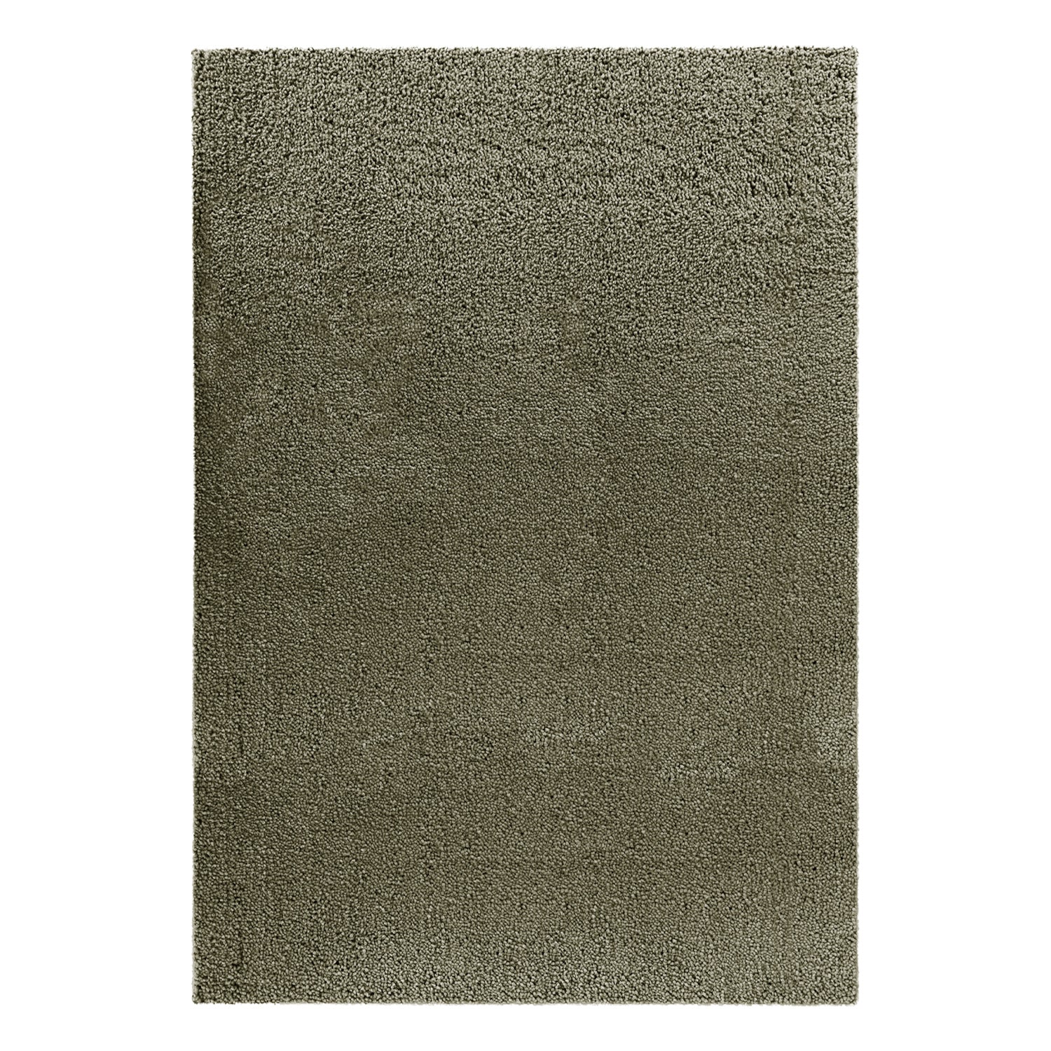 A rectangular shag area rug in a muted olive green color, shown flat against a solid white background.