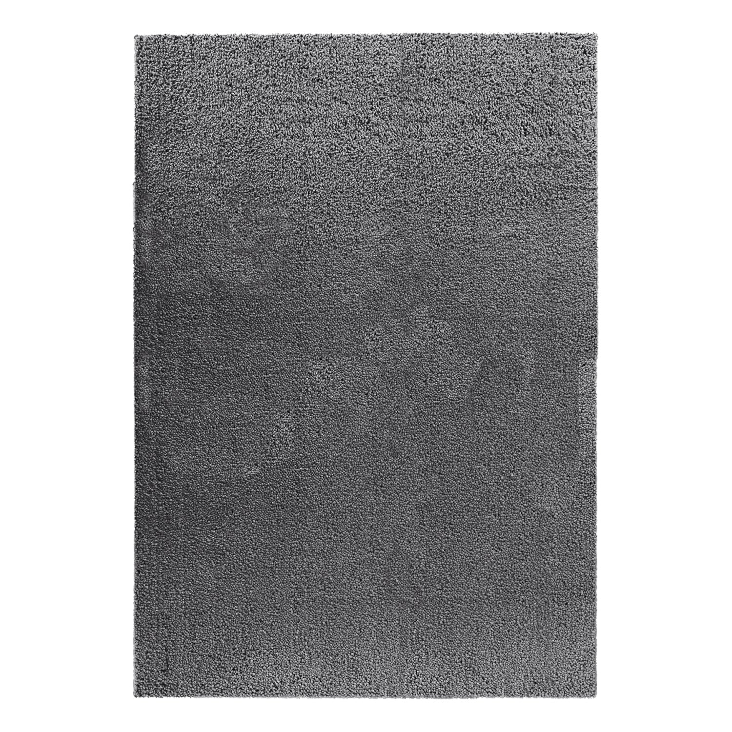 A silver shag area rug with a high-pile textured surface, shown flat against a plain white background.