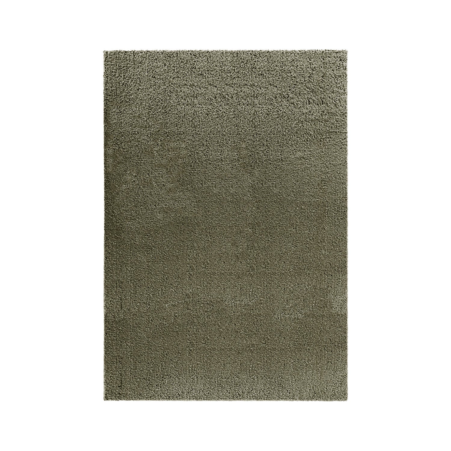 A rectangular shag rug in a muted olive green color, shown flat against a solid white background.