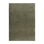 A rectangular area rug with a high-pile shag texture in a muted olive green color, shown flat against a plain white background.