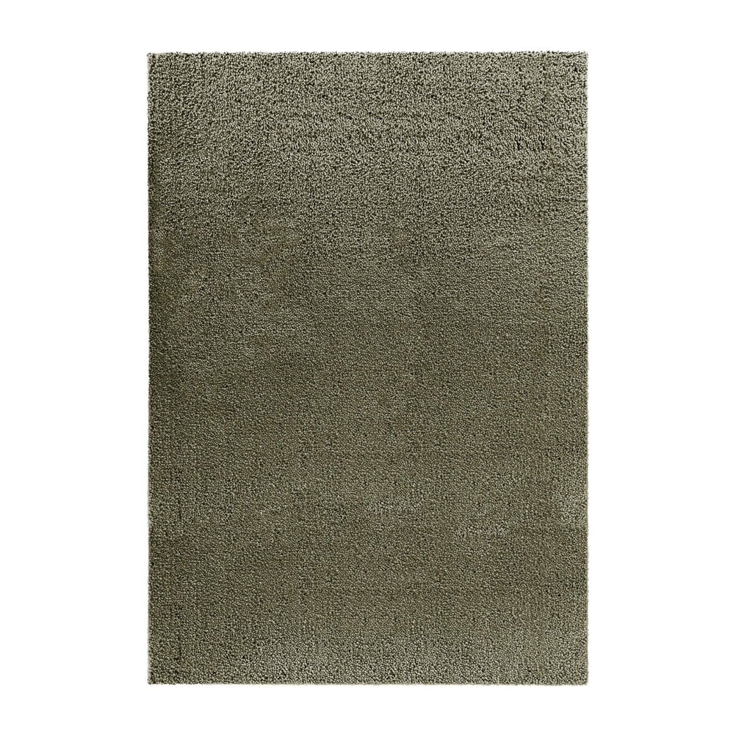 A rectangular area rug with a high-pile shag texture in a muted olive green color, shown flat against a plain white background.