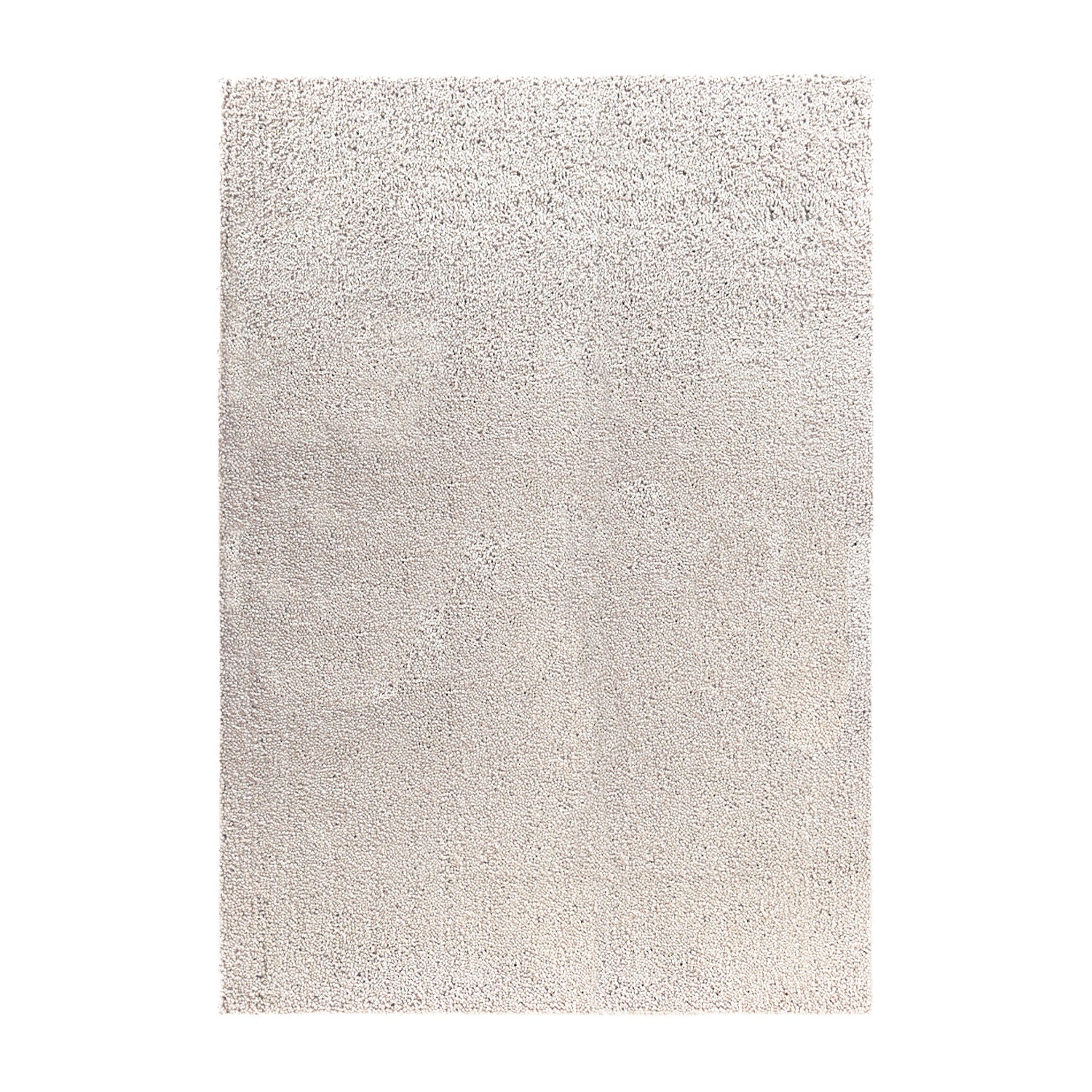 A rectangular shag area rug in a light cream or off-white color, shown from a top-down view against a plain white background.