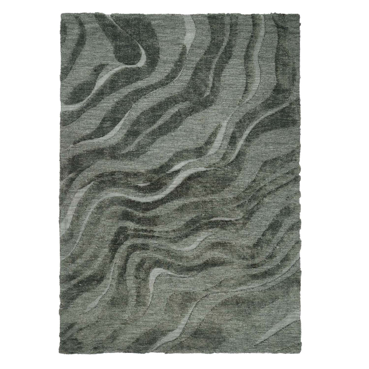 A forest green textured rug featuring an abstract flowing wave pattern in contrasting shades of dark and muted green against a white background.