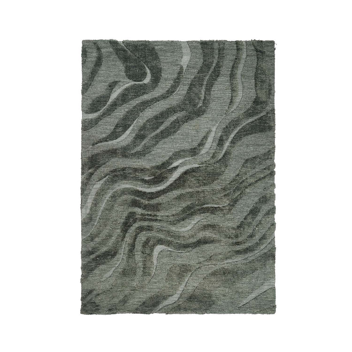 Forest green rectangular textured rug featuring a flowing wave pattern with contrasting raised and flat sections.