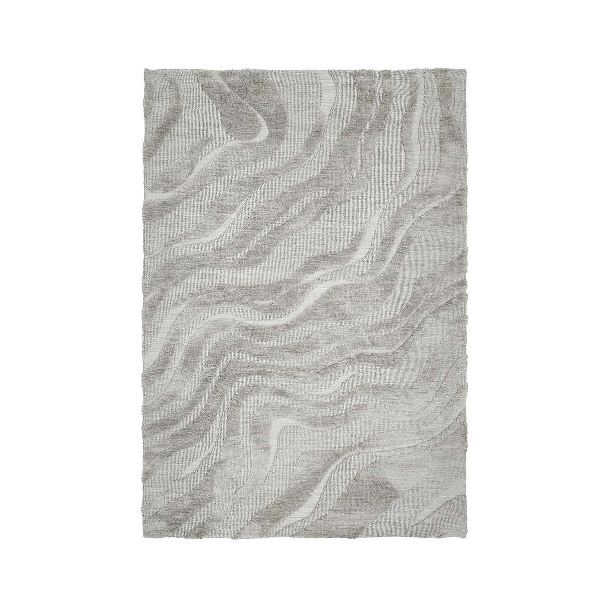 Light grey rectangular textured rug featuring a flowing wave pattern with contrasting raised and flat sections.