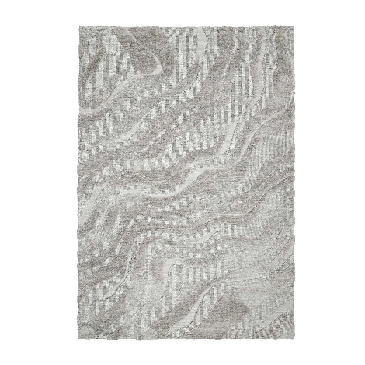 Light grey rectangular textured rug featuring a flowing wave pattern with contrasting raised and flat sections.