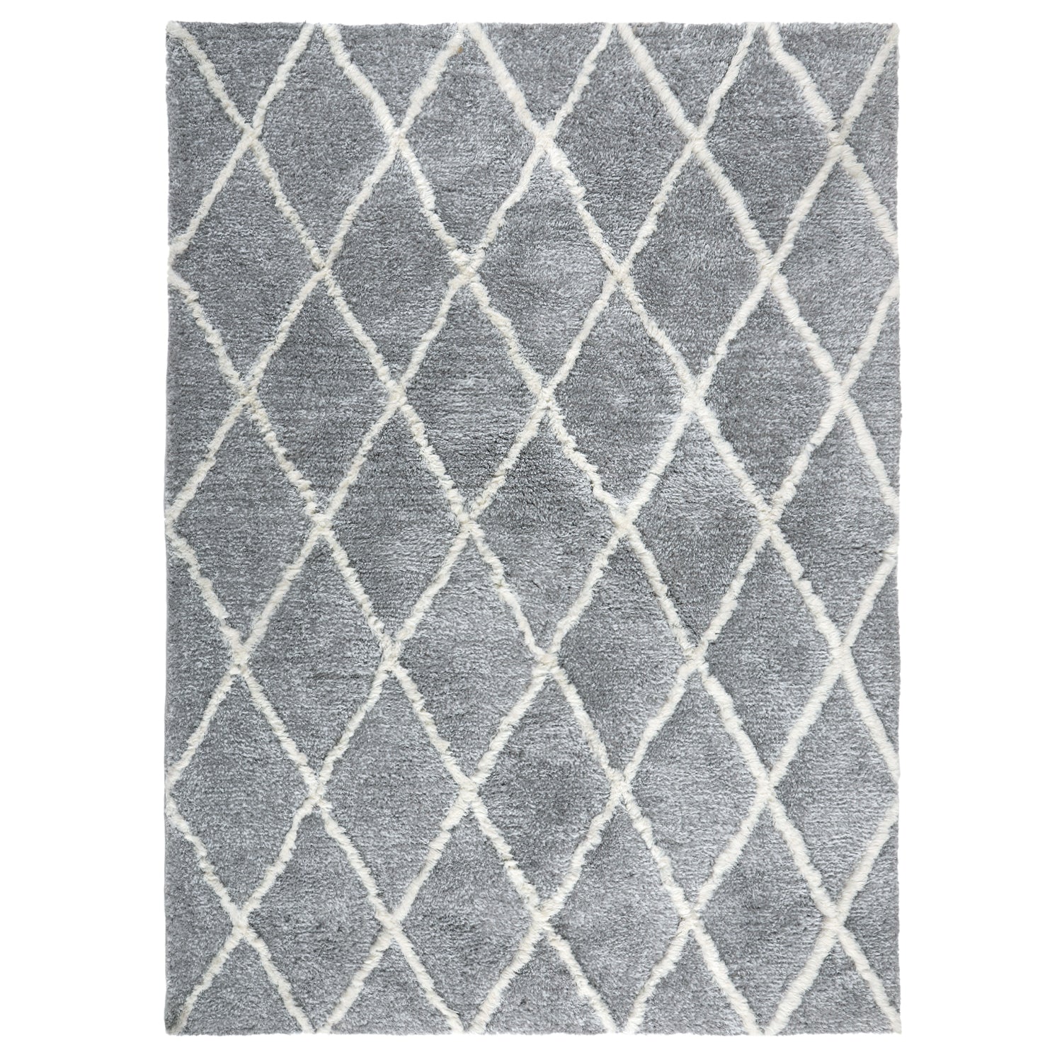 Crossley Rug 230 x 330cm in Grey, featuring a soft grey ground with raised ivory diamond lines.