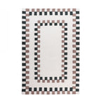 Marlo Ryker Border Wool Rug (160 × 230cm) in Multi, featuring a soft ivory centre with double geometric checker borders in black and taupe, finished in a plush wool texture.