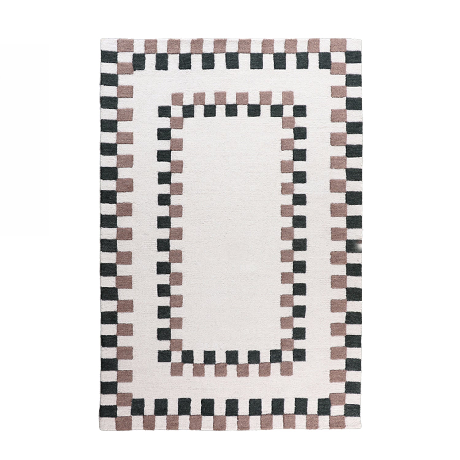 Marlo Ryker Border Wool Rug (160 × 230cm) in Multi, featuring a soft ivory centre with double geometric checker borders in black and taupe, finished in a plush wool texture.