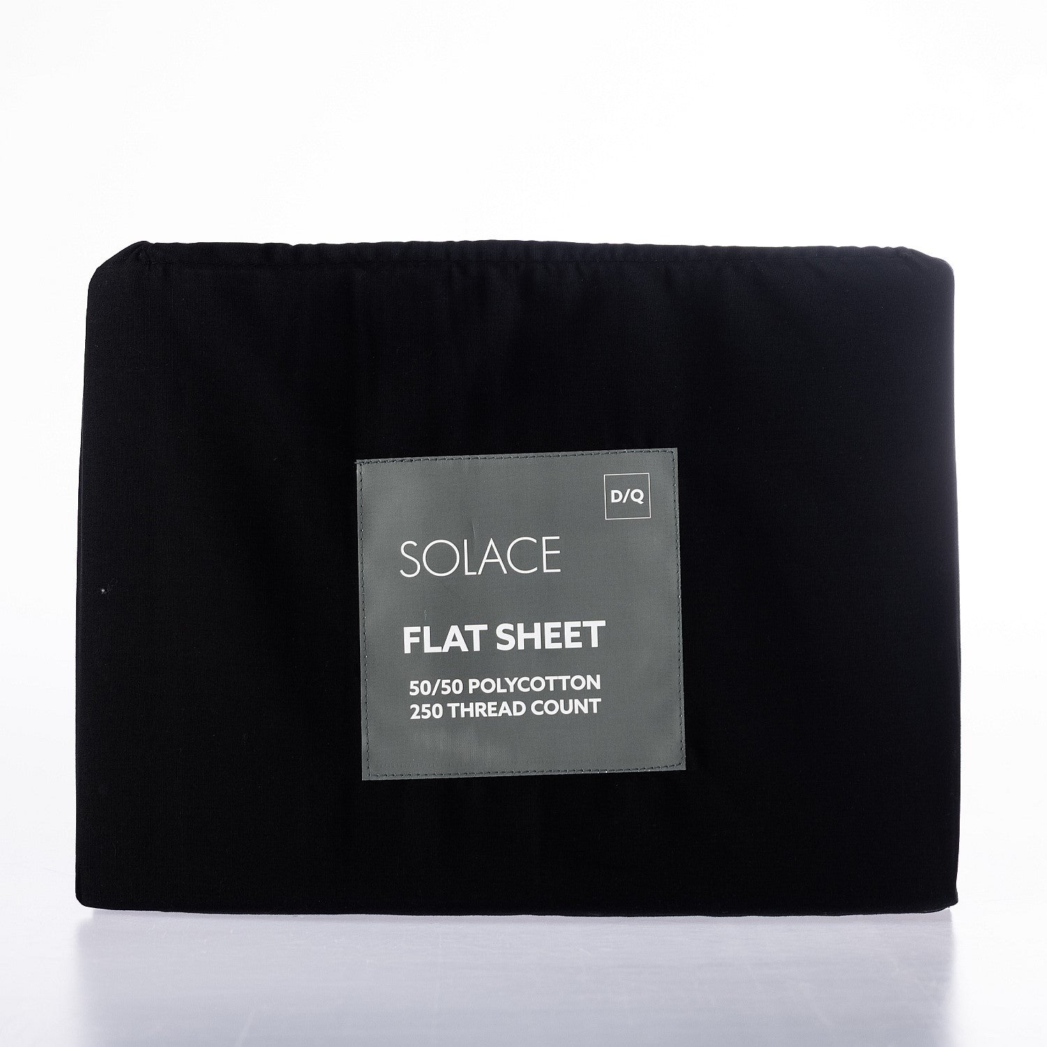 Black flat sheet with a label on a white background