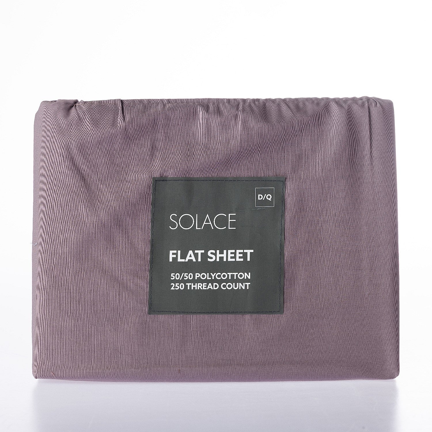 Purple flat sheet with Solace branding on a white background