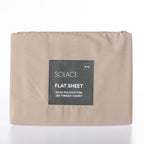 Beige flat sheet with Solace label on a white background