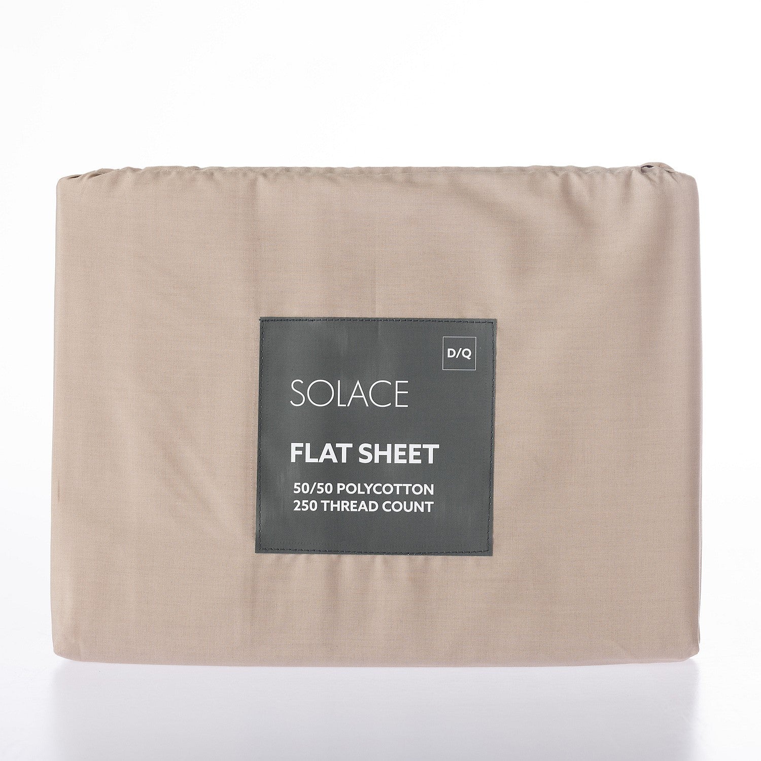 Beige flat sheet with Solace label on a white background