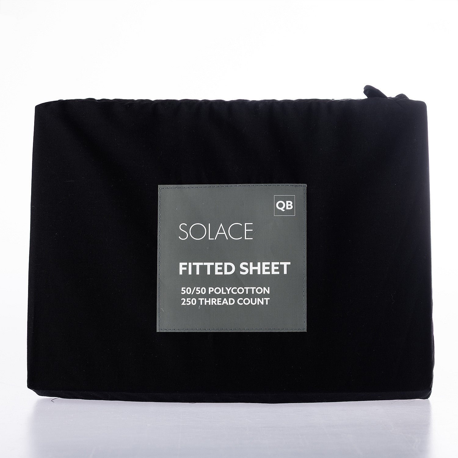 Black fitted sheet with Solace branding on a white background