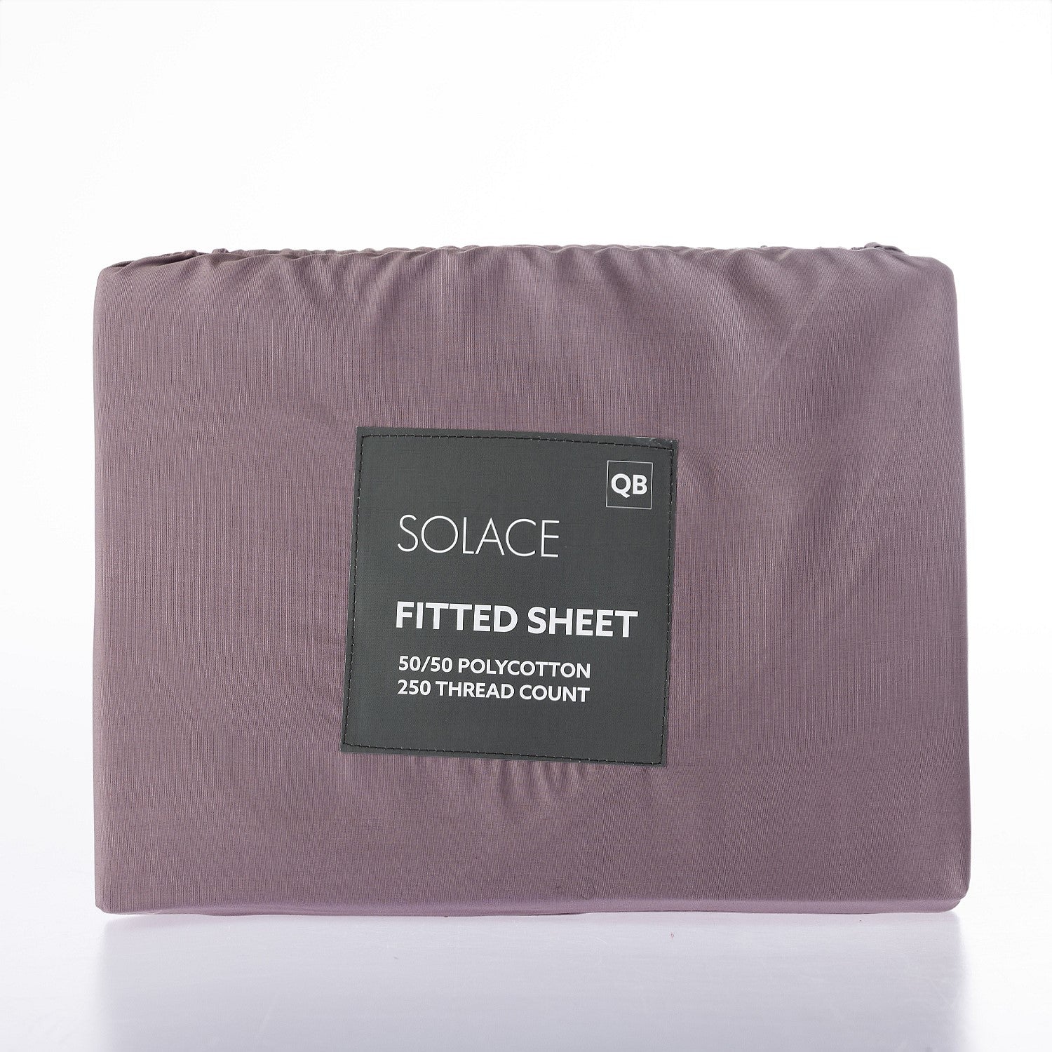 Purple fitted sheet with Solace branding on a white background