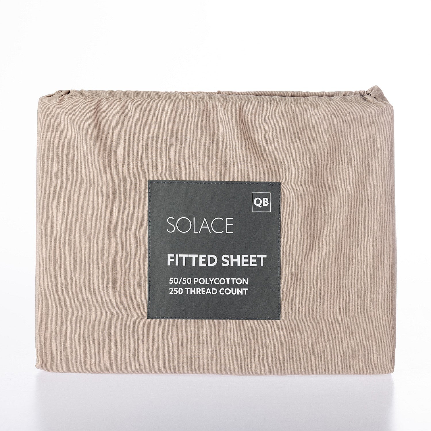 Beige fitted sheet with a label on a white background