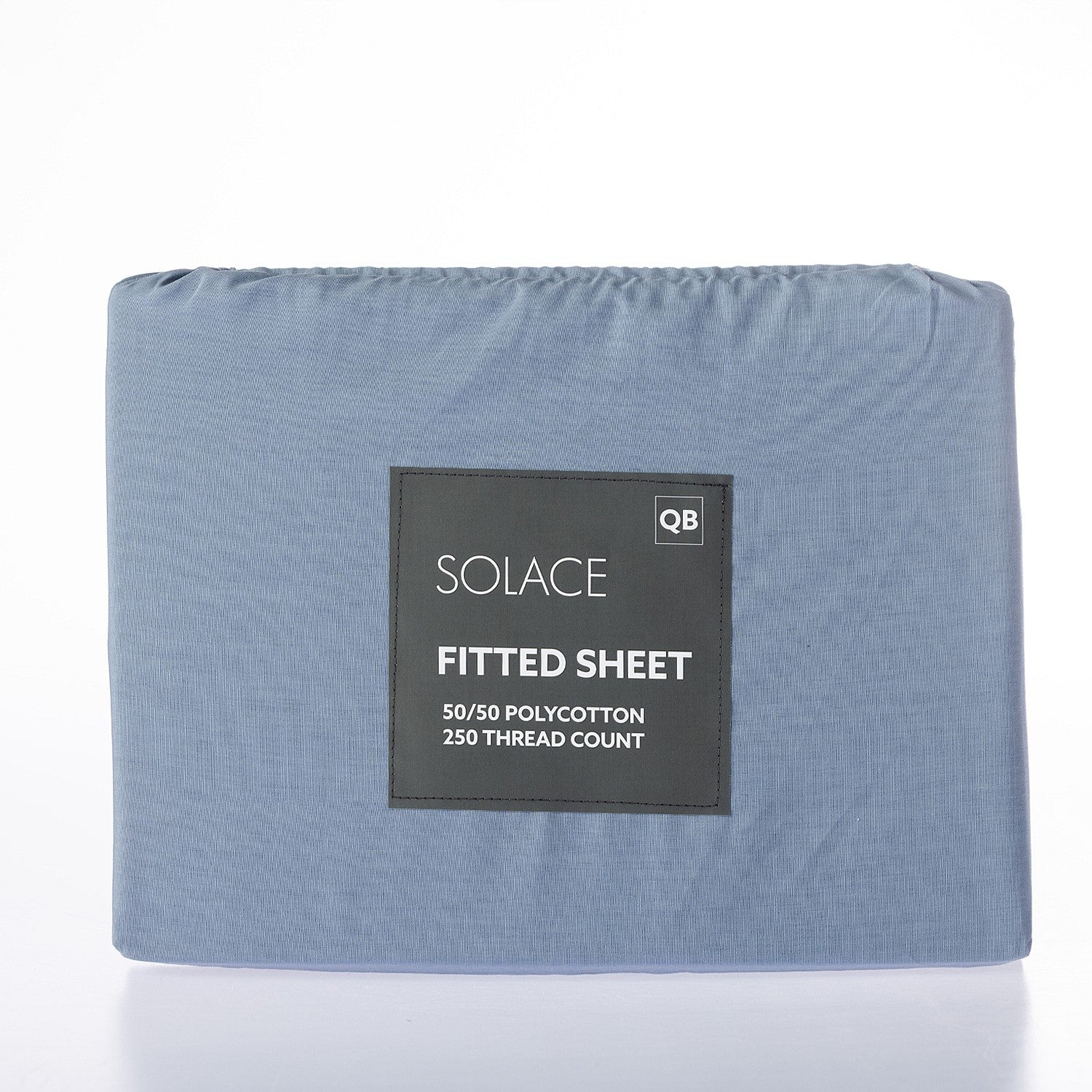 Blue fitted sheet with Solace branding on a white background