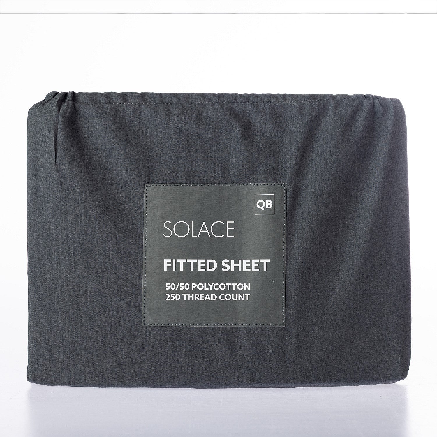 Gray fitted sheet with Solace branding on a white background