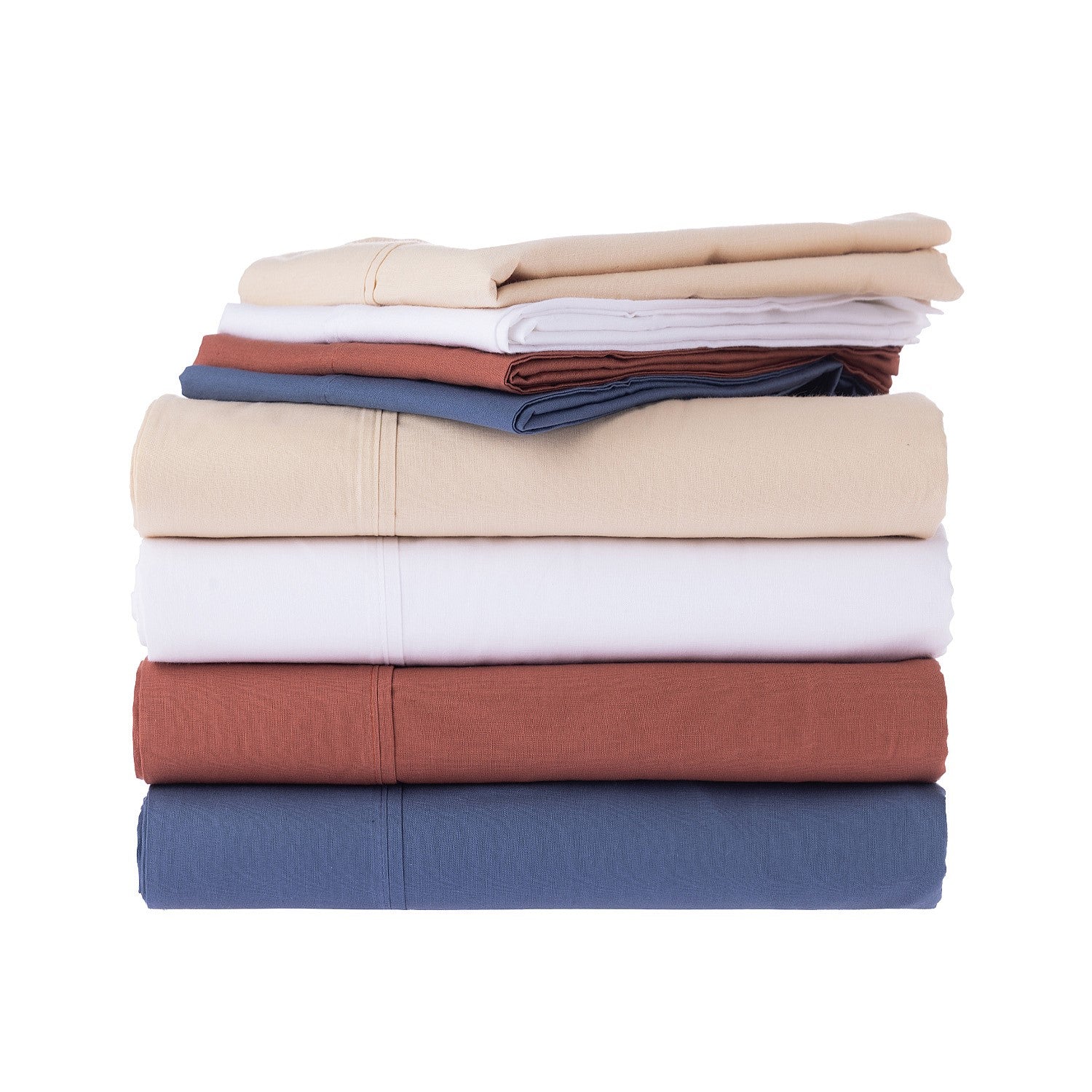 Stack of folded bed sheets in various colors on a white background