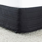 Black quilted mattress cover on a bed with a white mattress.