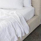 Neatly made bed with white bedding and a beige headboard.