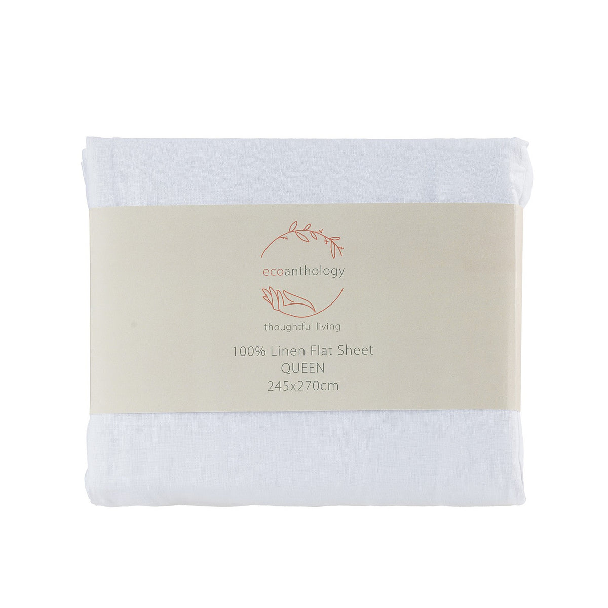 White linen flat sheet with a visible brand label on a white background