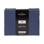 Fieldcrest 500 thread count 100% cotton queen sheet set in blue, folded with black product wrap.