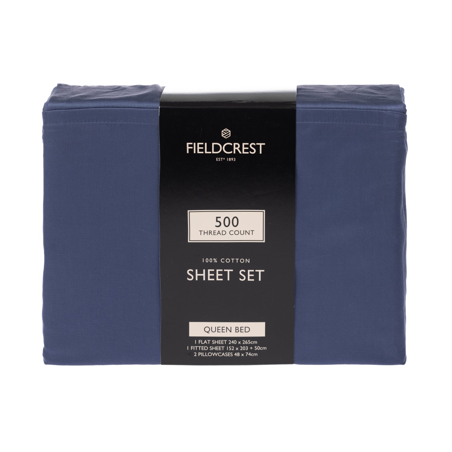 Fieldcrest 500 thread count 100% cotton queen sheet set in blue, folded with black product wrap.