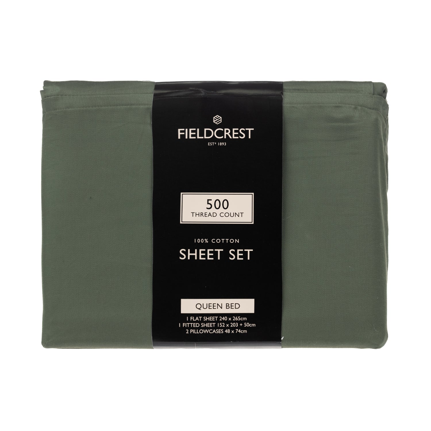 Fieldcrest 500 thread count 100% cotton queen sheet set in olive, folded with black product wrap.