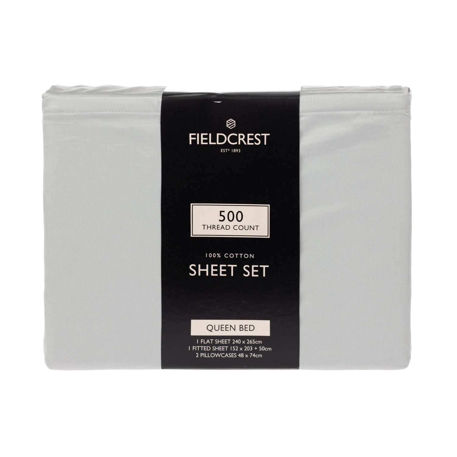 Fieldcrest 500 thread count 100% cotton queen sheet set in silver, folded with black product wrap.