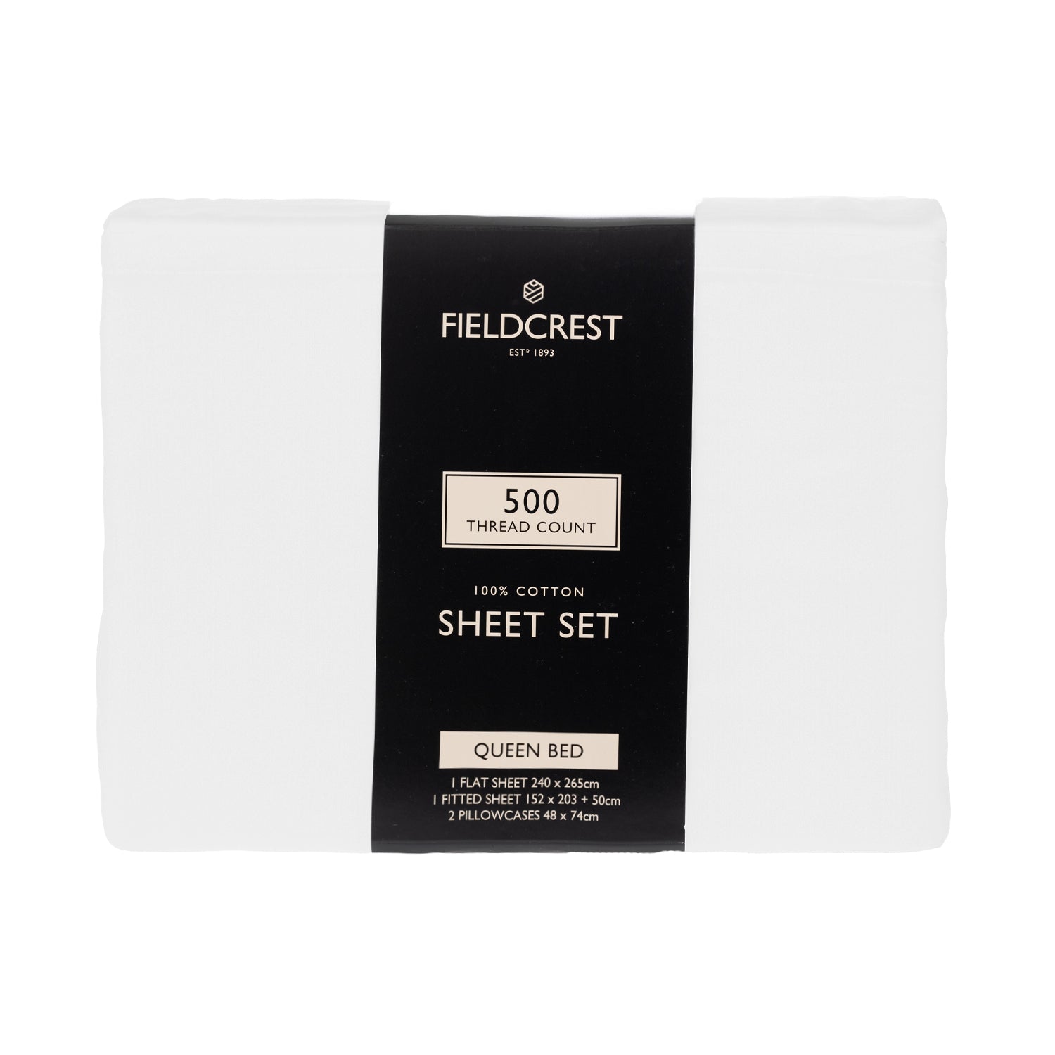 Fieldcrest 500 thread count 100% cotton queen sheet set in white, folded with black product wrap.