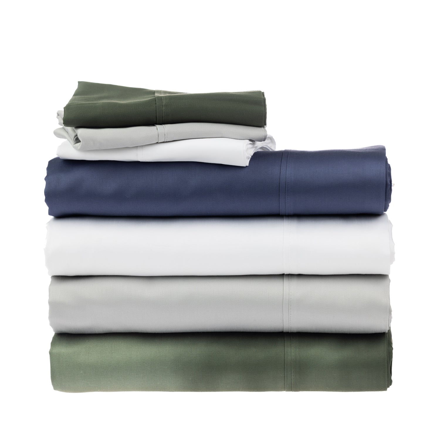 Stack of Fieldcrest 500 thread count cotton sheet sets in blue, white, silver and olive.