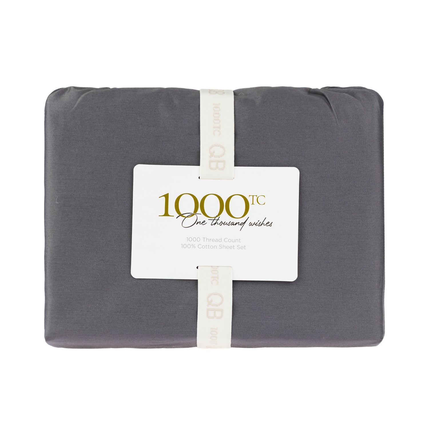 A beautifully packaged white 1000 thread count cotton sheet set is elegantly presented with a reusable storage band and premium branded sleeve, reflecting timeless luxury.