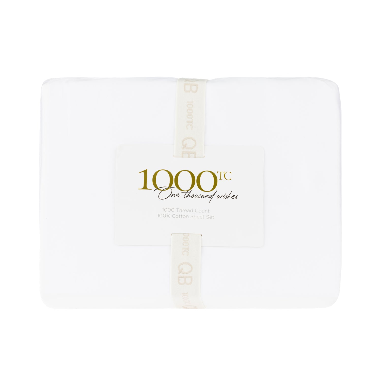 A beautifully packaged white 1000 thread count cotton sheet set is elegantly presented with a reusable storage band and premium branded sleeve, reflecting timeless luxury.